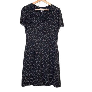 Jigsaw Tea Dress Black Green Pink Ditsy Floral V-Neck Size 8